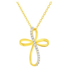 Yellow Gold Plated Sterling Silver Diamond Accent Cross Ribbon Pendant Necklace