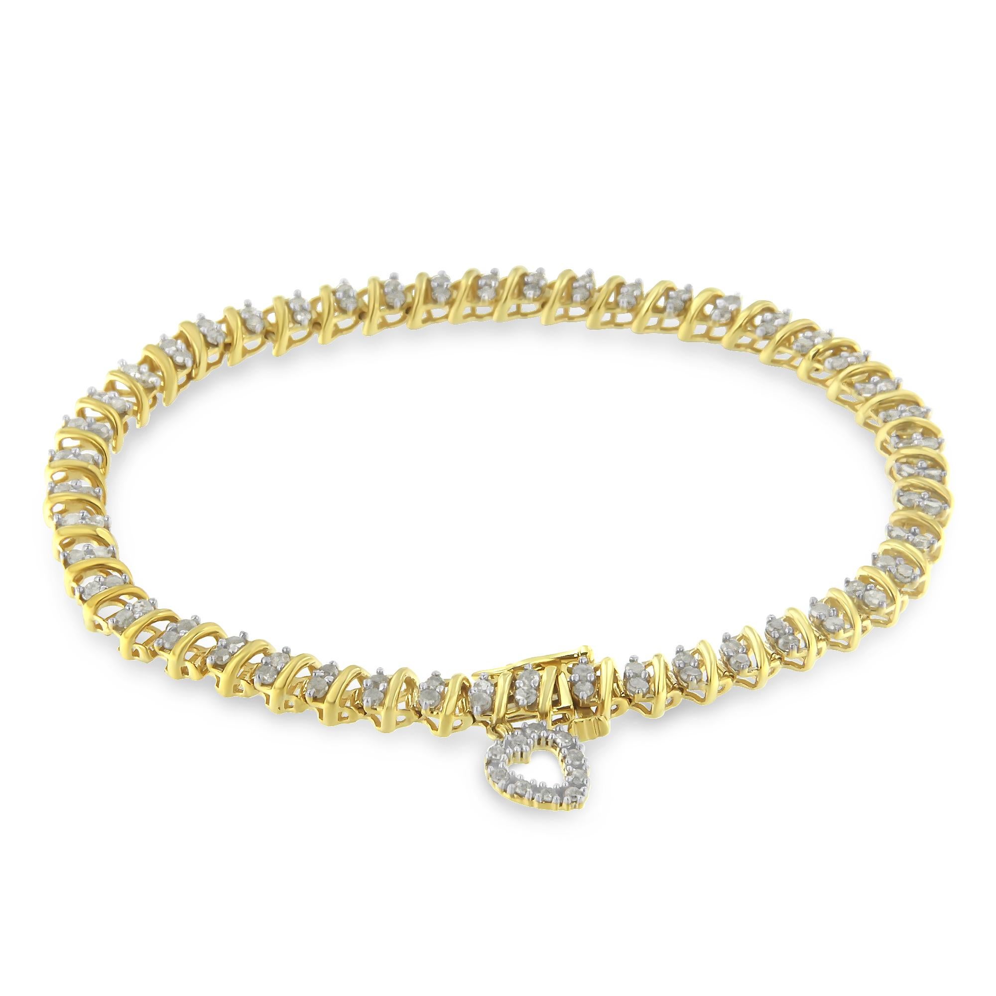 Elegantly crafted from warm, yellow-plated sterling silver, this shimmering tennis bracelet has a dazzling design, rife with 2 carats of sparkling white diamonds. The brilliant bracelet features an alternating pattern of prong-set, round white