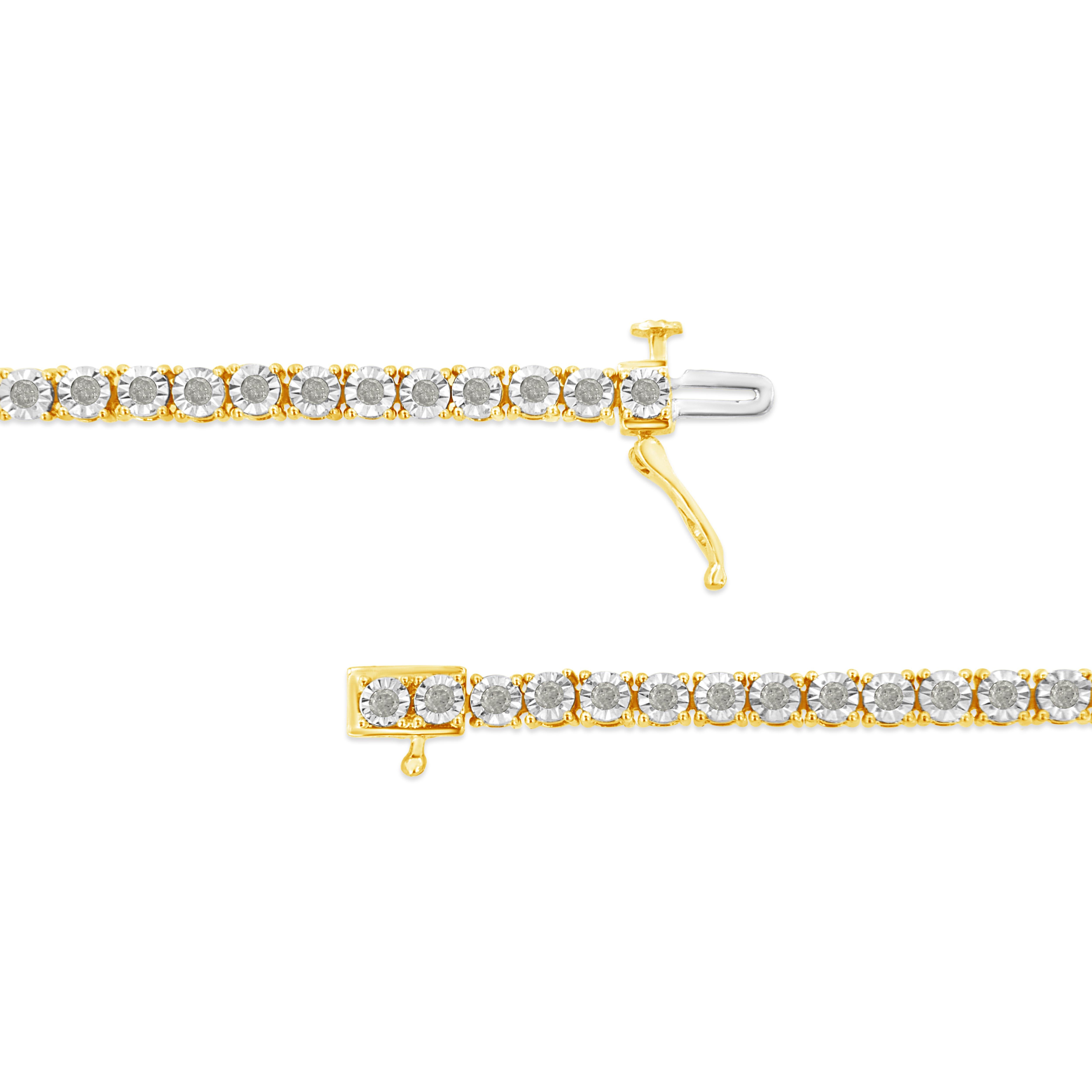 Contemporary Yellow Gold Plated .925 Sterling Silver Diamond Faceted Bezel Tennis Bracelet For Sale