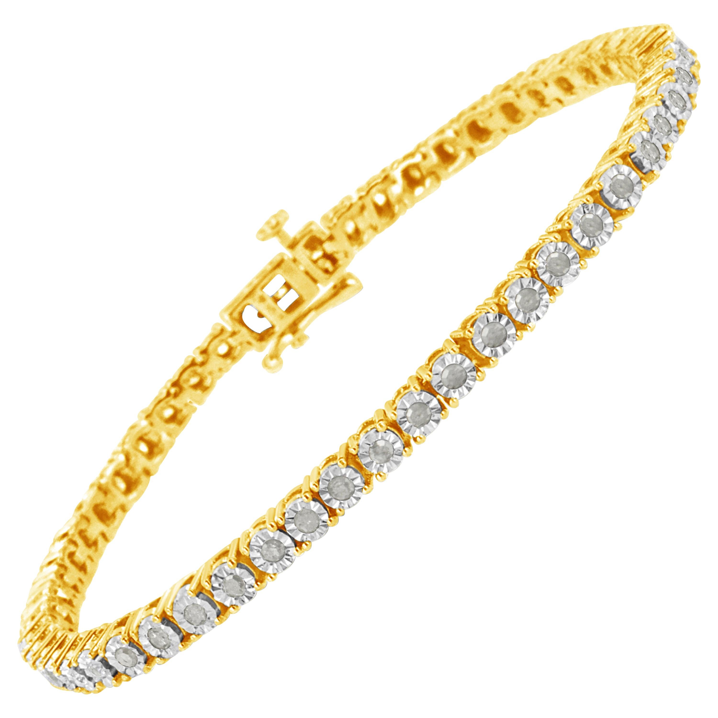 Yellow Gold Plated .925 Sterling Silver Diamond Faceted Bezel Tennis Bracelet For Sale