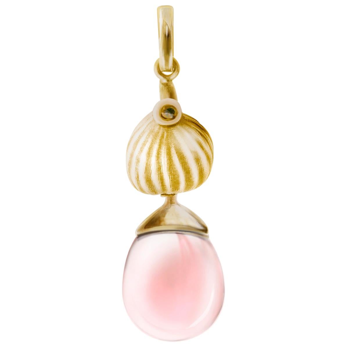 Yellow Gold-Plated Sterling Silver Drop Pendant Necklace with Rose Quartz For Sale