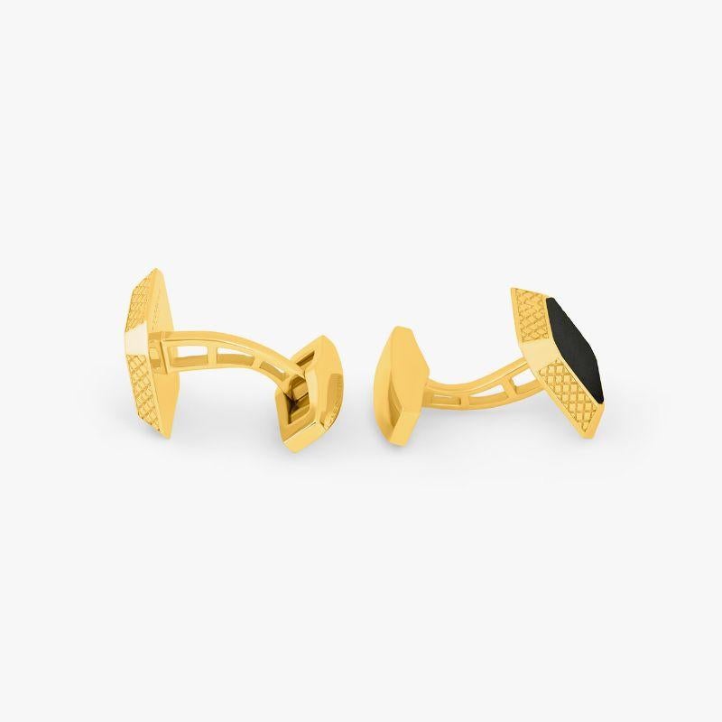 Yellow Gold Plated Sterling Silver Signature Octo Cufflinks with Black Onyx

Our new signature cufflinks feature an octagonal case with bevelled edges engraved with our classic diamond pattern. This style has been set with onyx in a 1 micron yellow