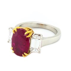 Yellow Gold Platinum 4.13 Carat Burma "Pigeon Blood" Ruby Ring GIA Certified