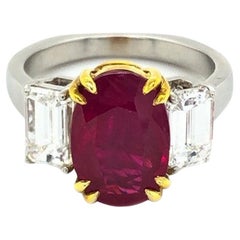 Yellow Gold Platinum 4.13 Carat Burma "Pigeon Blood" Ruby Ring GIA Certified