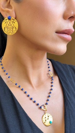 Yellow Gold Platted Disc Earrings with Lapis Cabochon Accent