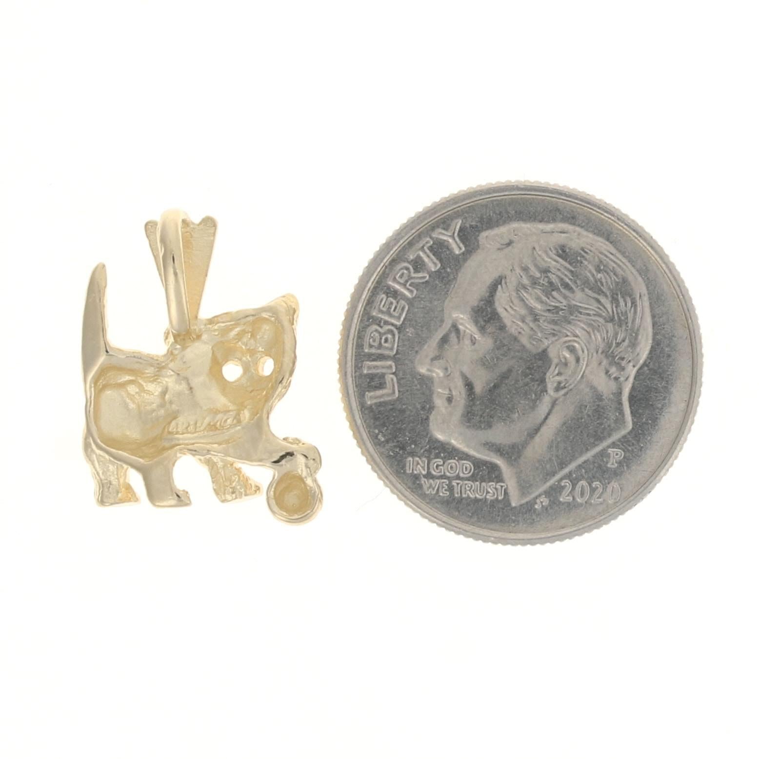 Yellow Gold Playful Kitten Pendant, 14k Etched Pet Cat with Ball In Excellent Condition In Greensboro, NC