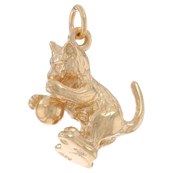 Yellow Gold Playful Kitten with Ball Charm - 14k Pet Feline Cat Pendant For Sale