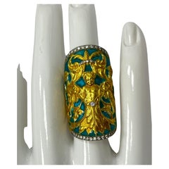 Yellow Gold Plique-A-Jour Enamel Diamond Ring