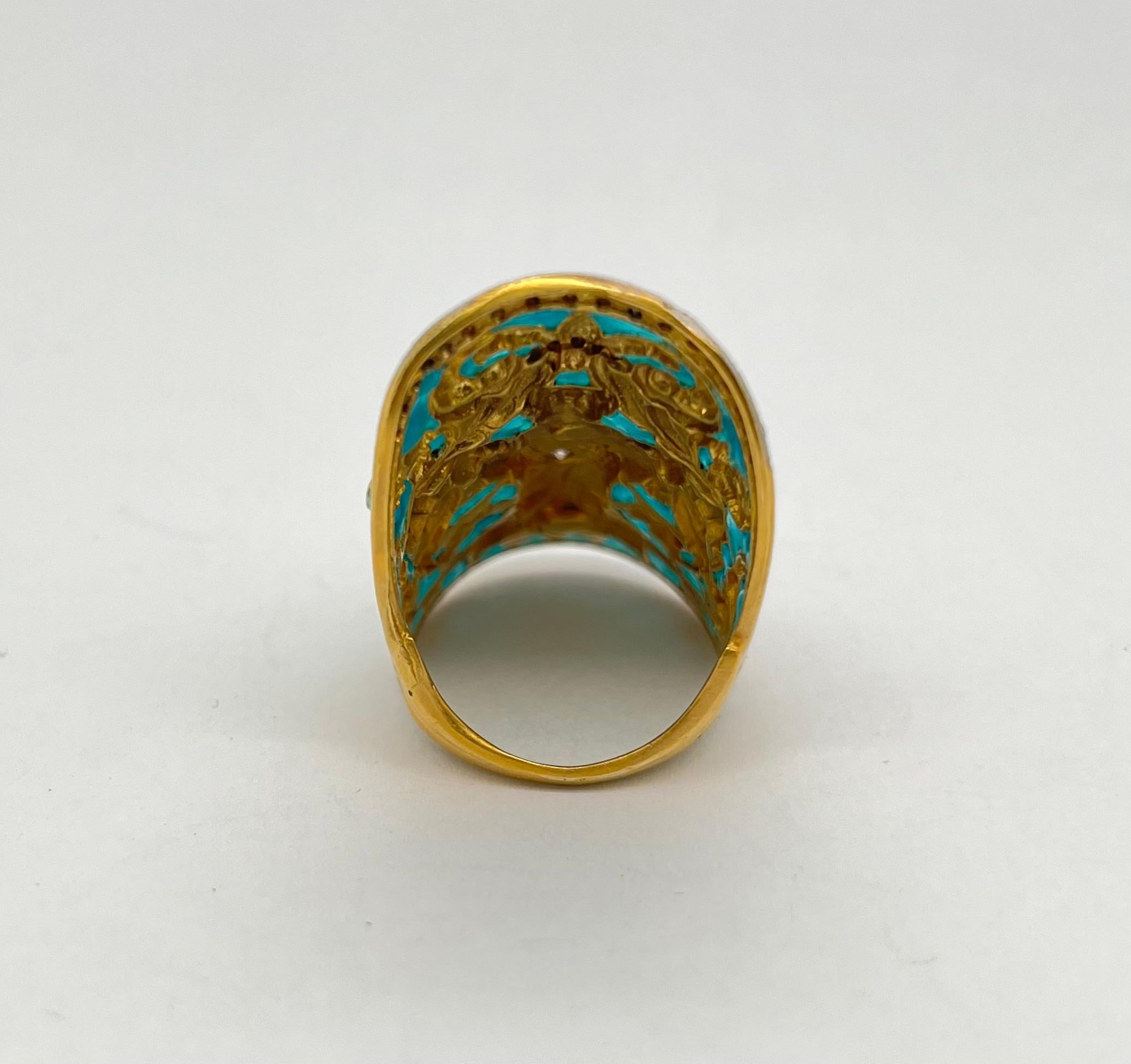 Yellow Gold Plique-A-Jour Enamel Diamond Ring In Good Condition In New York, NY
