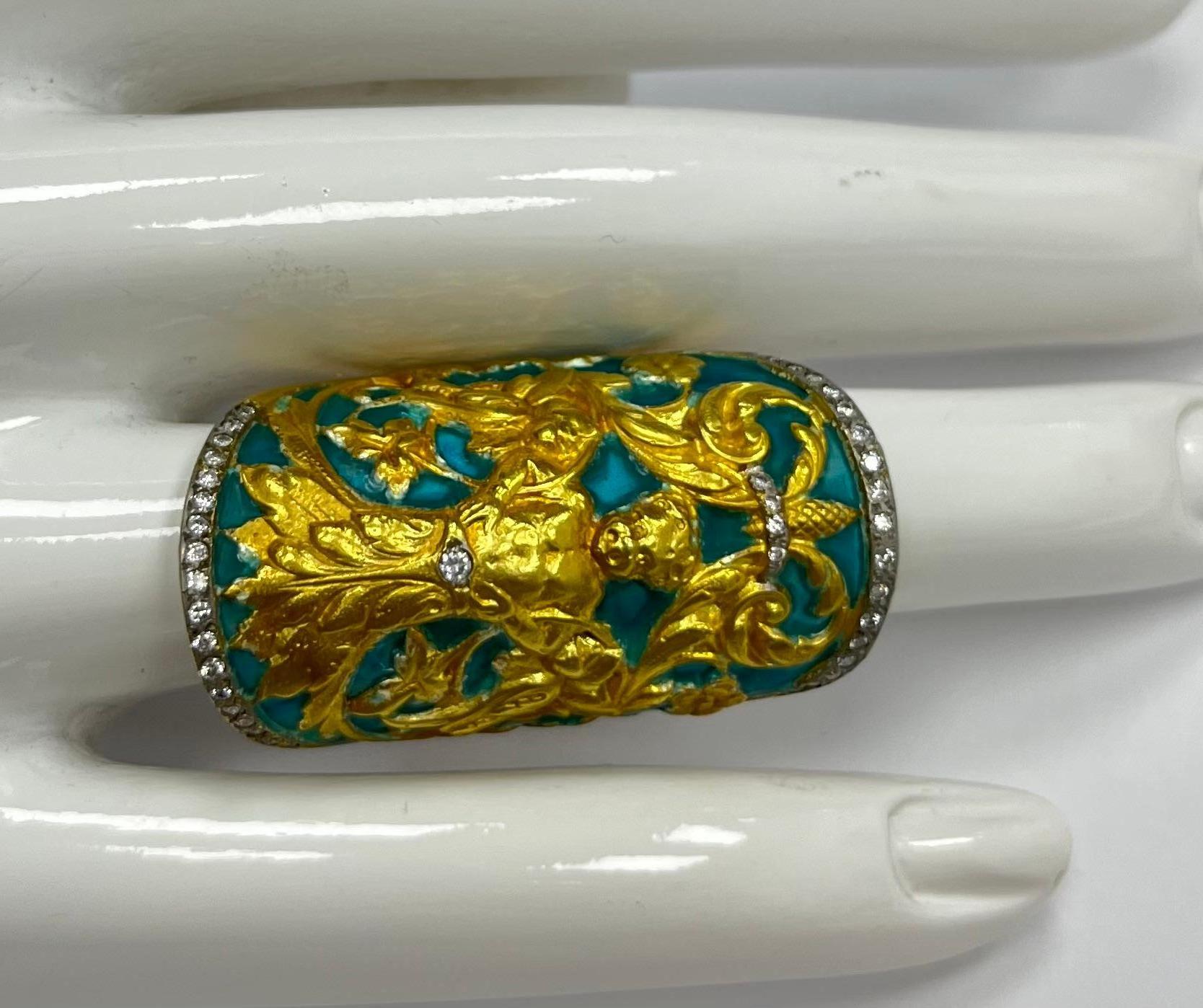 Yellow Gold Plique-A-Jour Enamel Diamond Ring For Sale 2