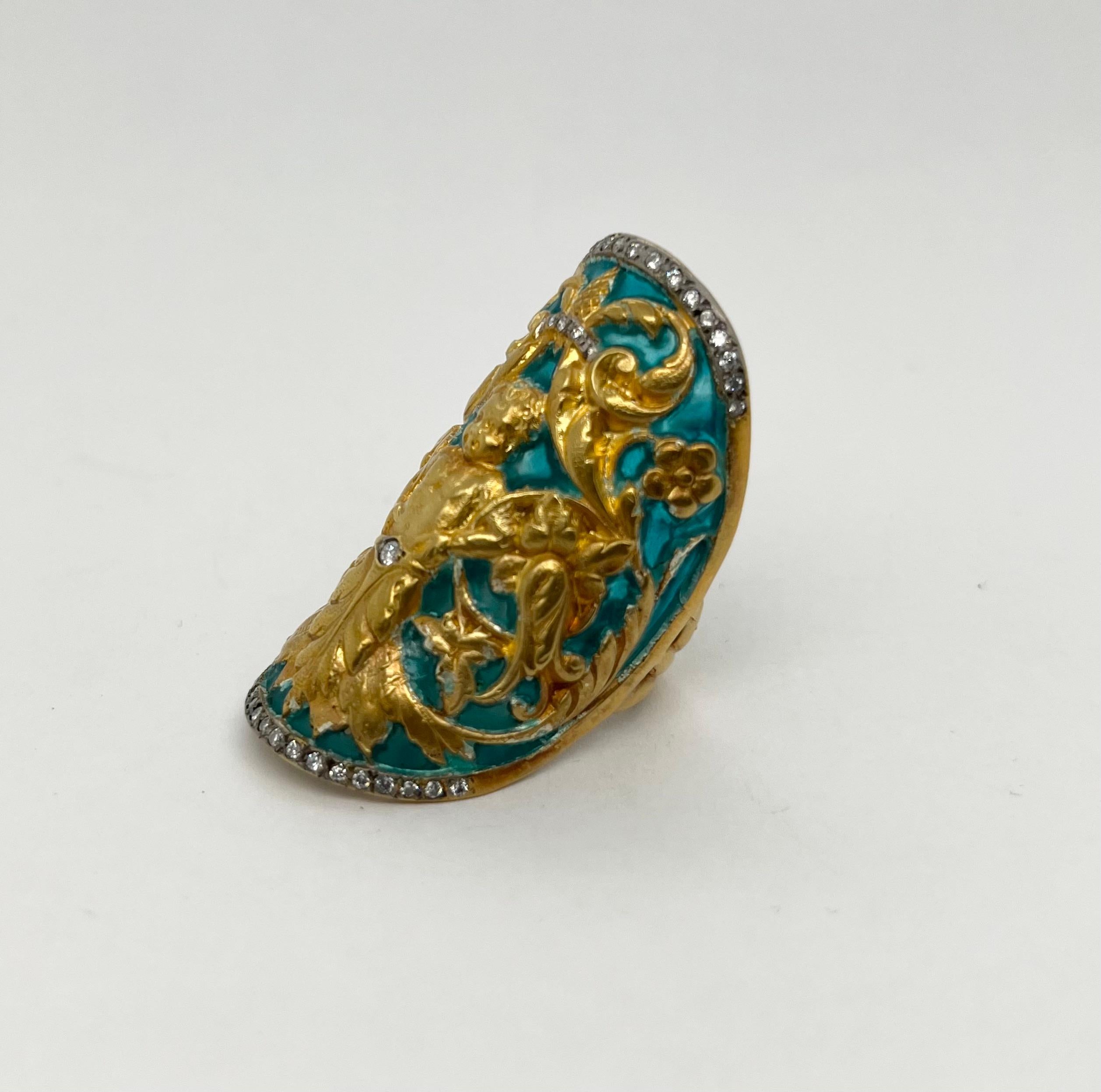 Yellow Gold Plique-A-Jour Enamel Diamond Ring For Sale 4