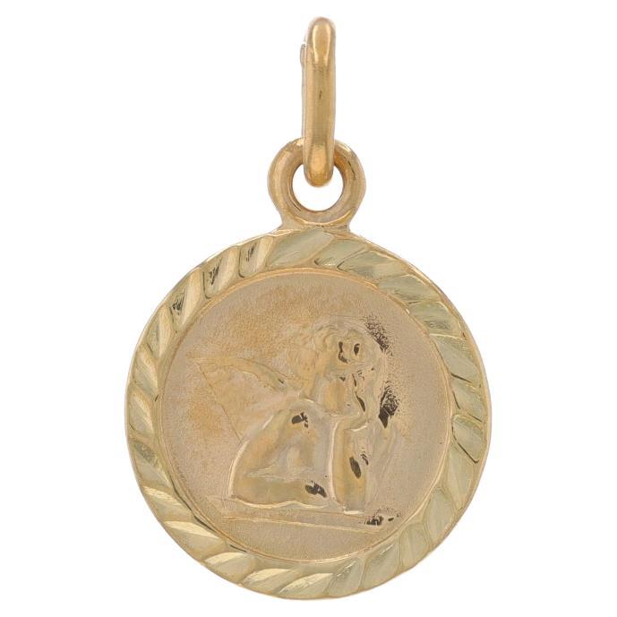 Yellow Gold Pondering Cherub Pendant - 14k Guardian Angel Faith