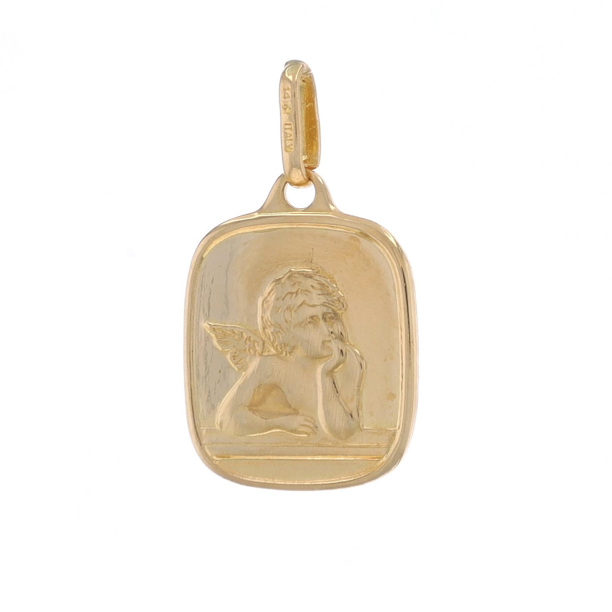 Metal Content: 14k Yellow Gold

Theme: Pondering Cherub, Guardian Angel, Faith

Measurements

Tall (from stationary bail): 23/32