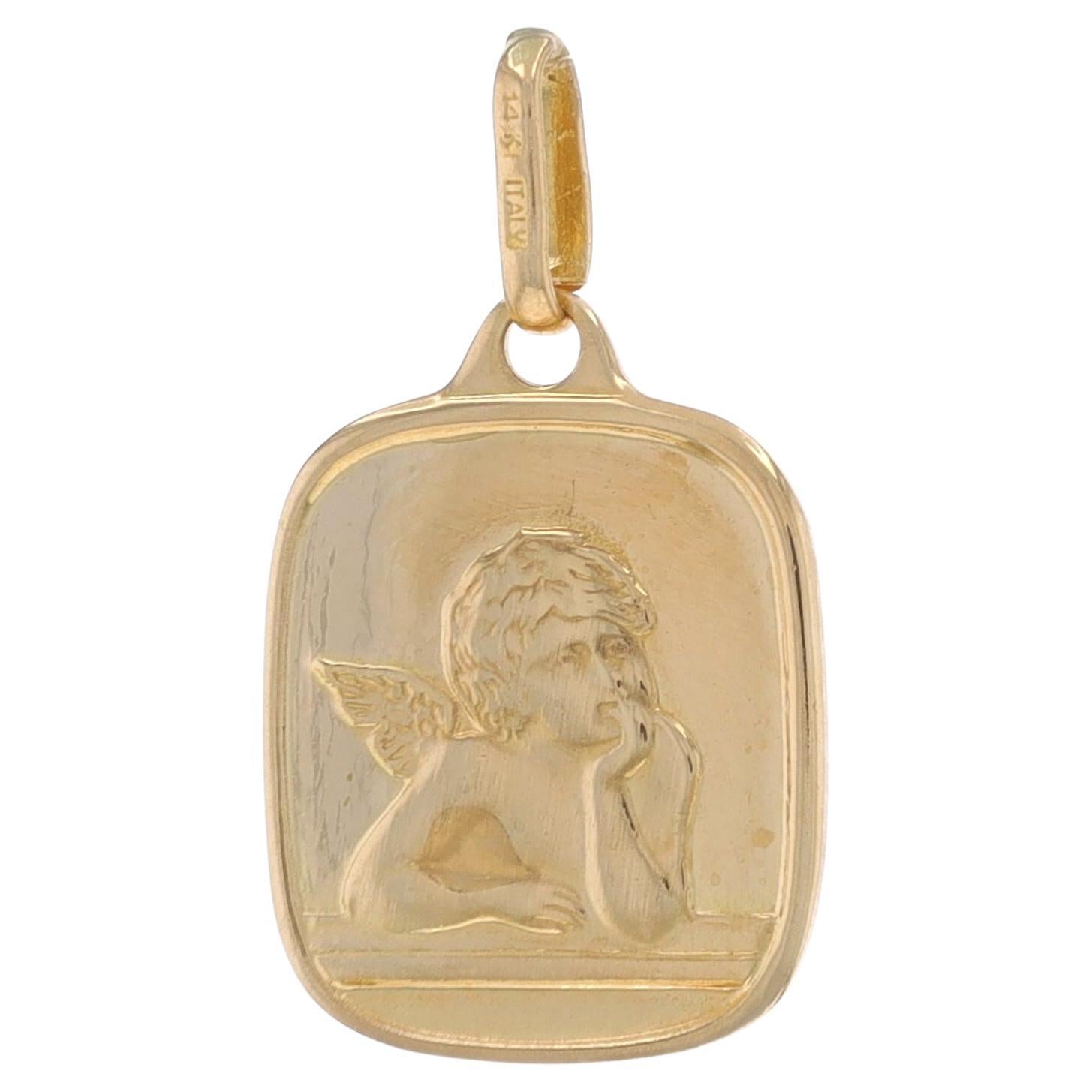 Yellow Gold Pondering Cherub Pendant - 14k Guardian Angel Faith Gift Italy For Sale