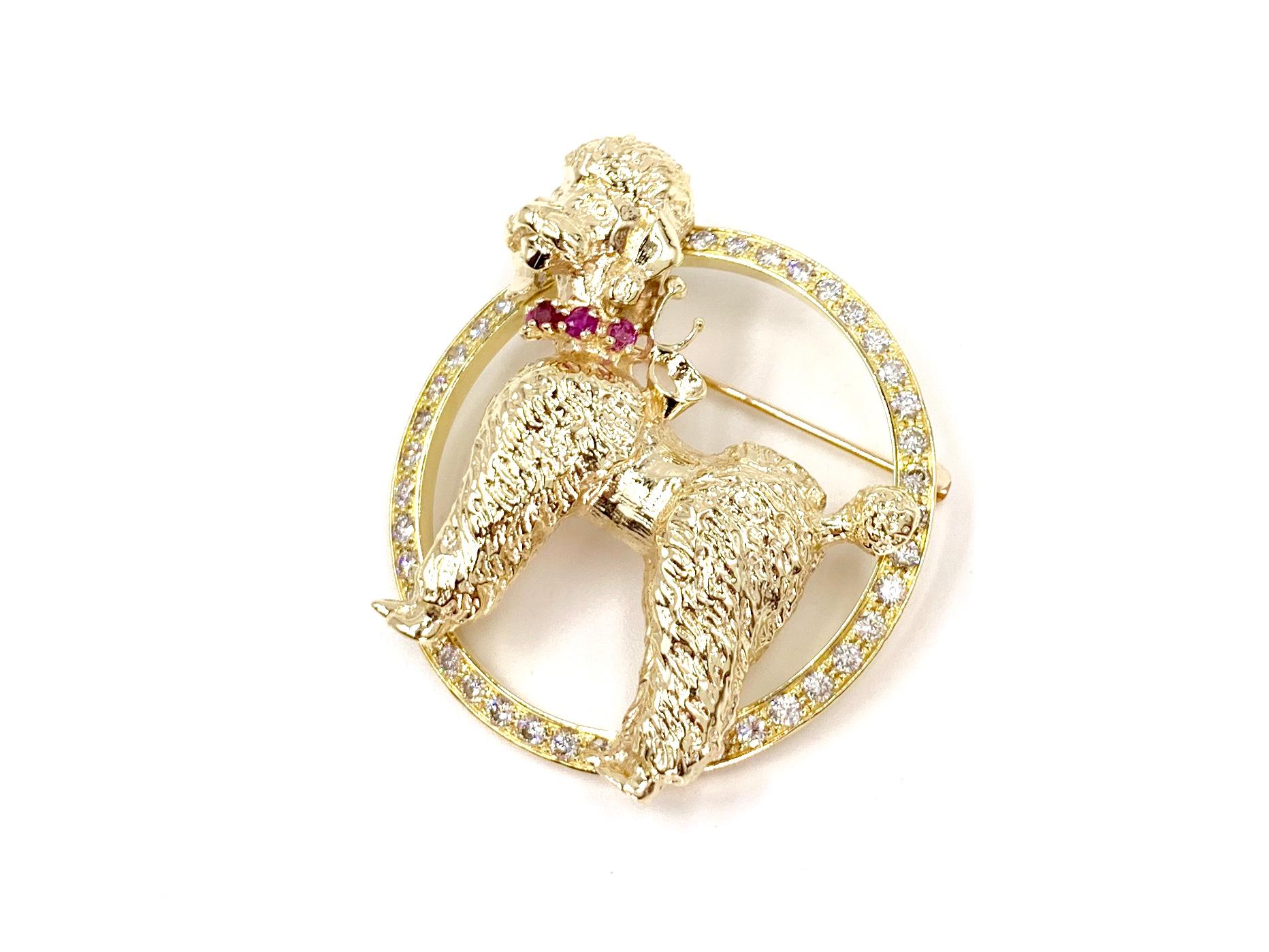 Retro Yellow Gold Poodle Brooch with Diamonds and Rubies For Sale