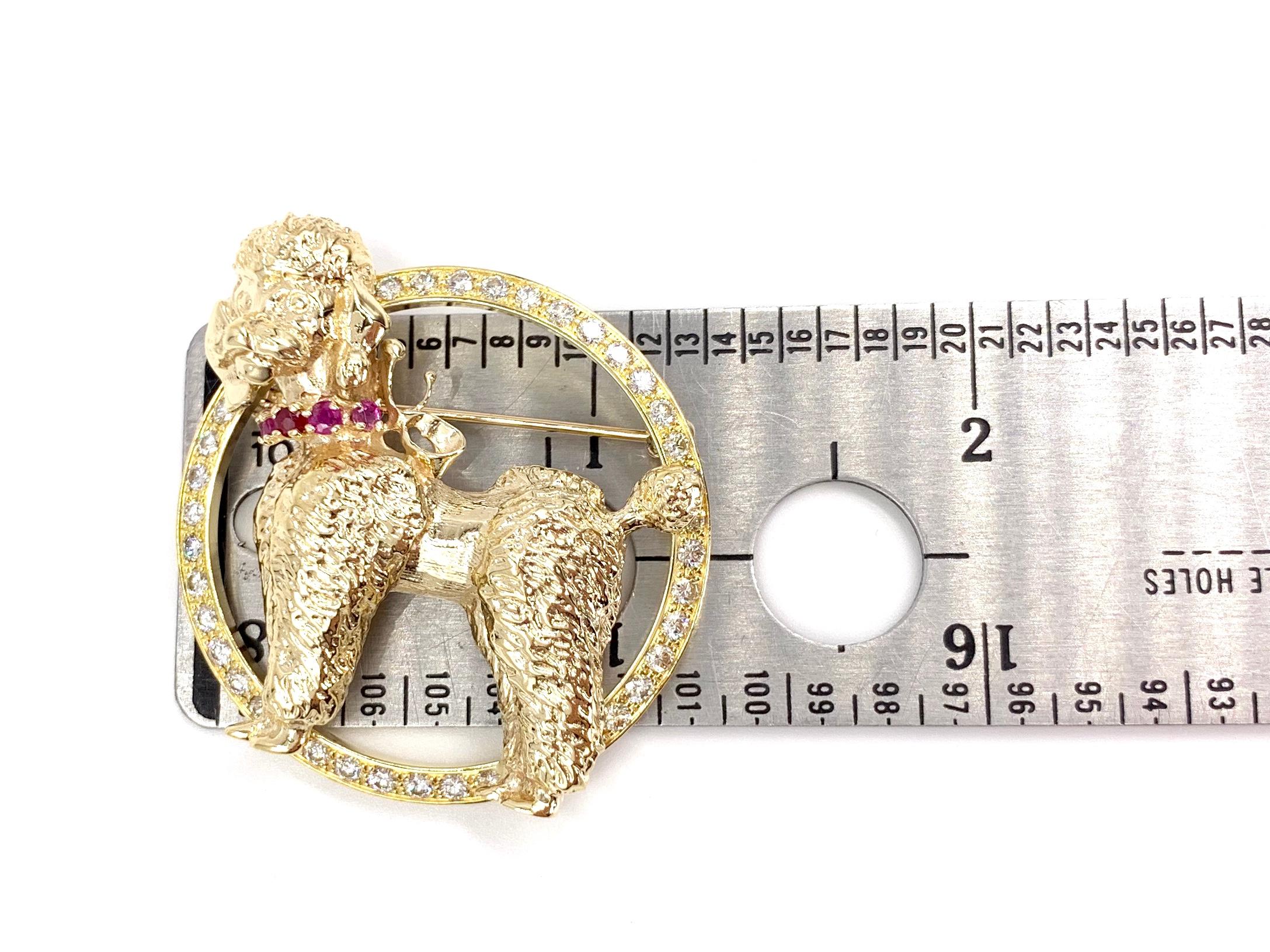 Yellow Gold Poodle Brooch with Diamonds and Rubies In Good Condition For Sale In Pikesville, MD