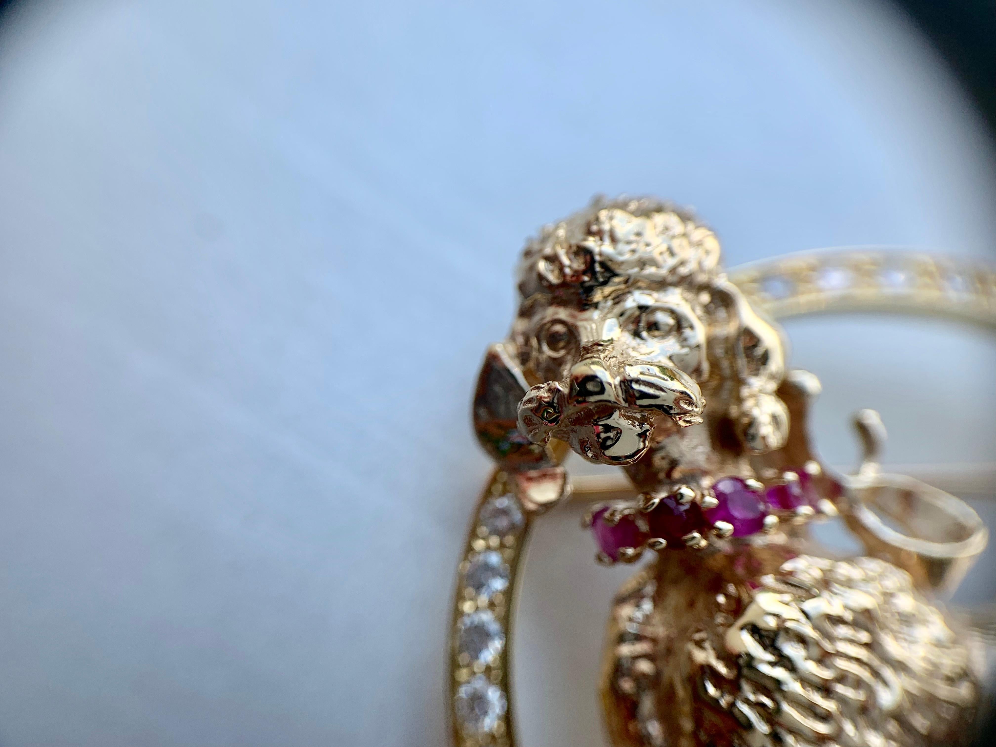 Women's or Men's Yellow Gold Poodle Brooch with Diamonds and Rubies For Sale