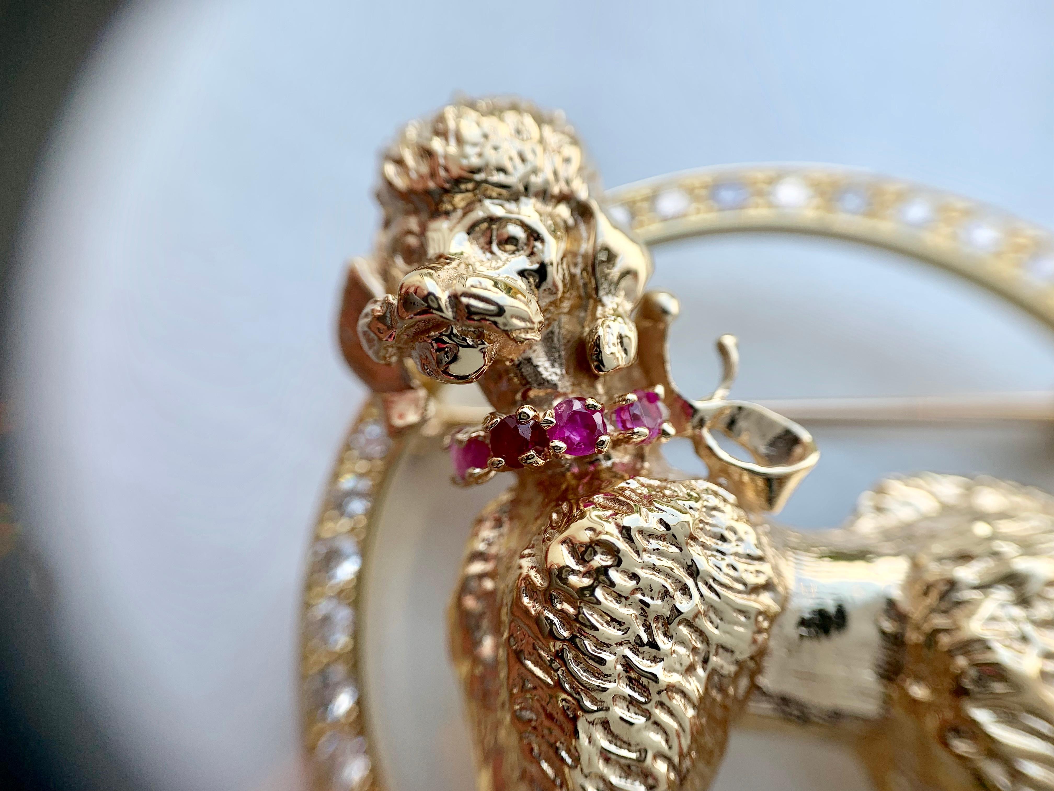 Yellow Gold Poodle Brooch with Diamonds and Rubies For Sale 1