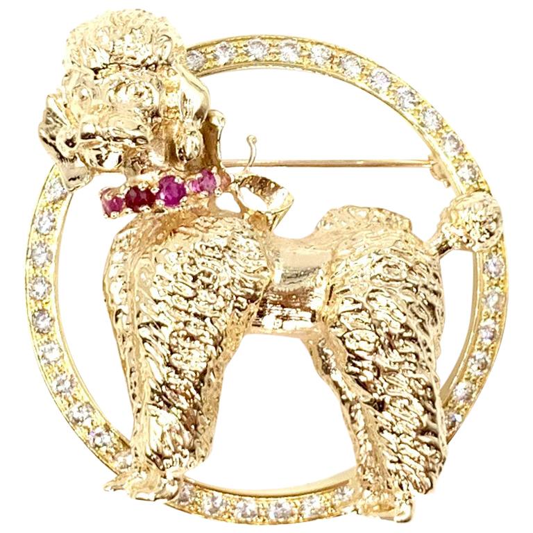 Yellow Gold Poodle Brooch with Diamonds and Rubies For Sale