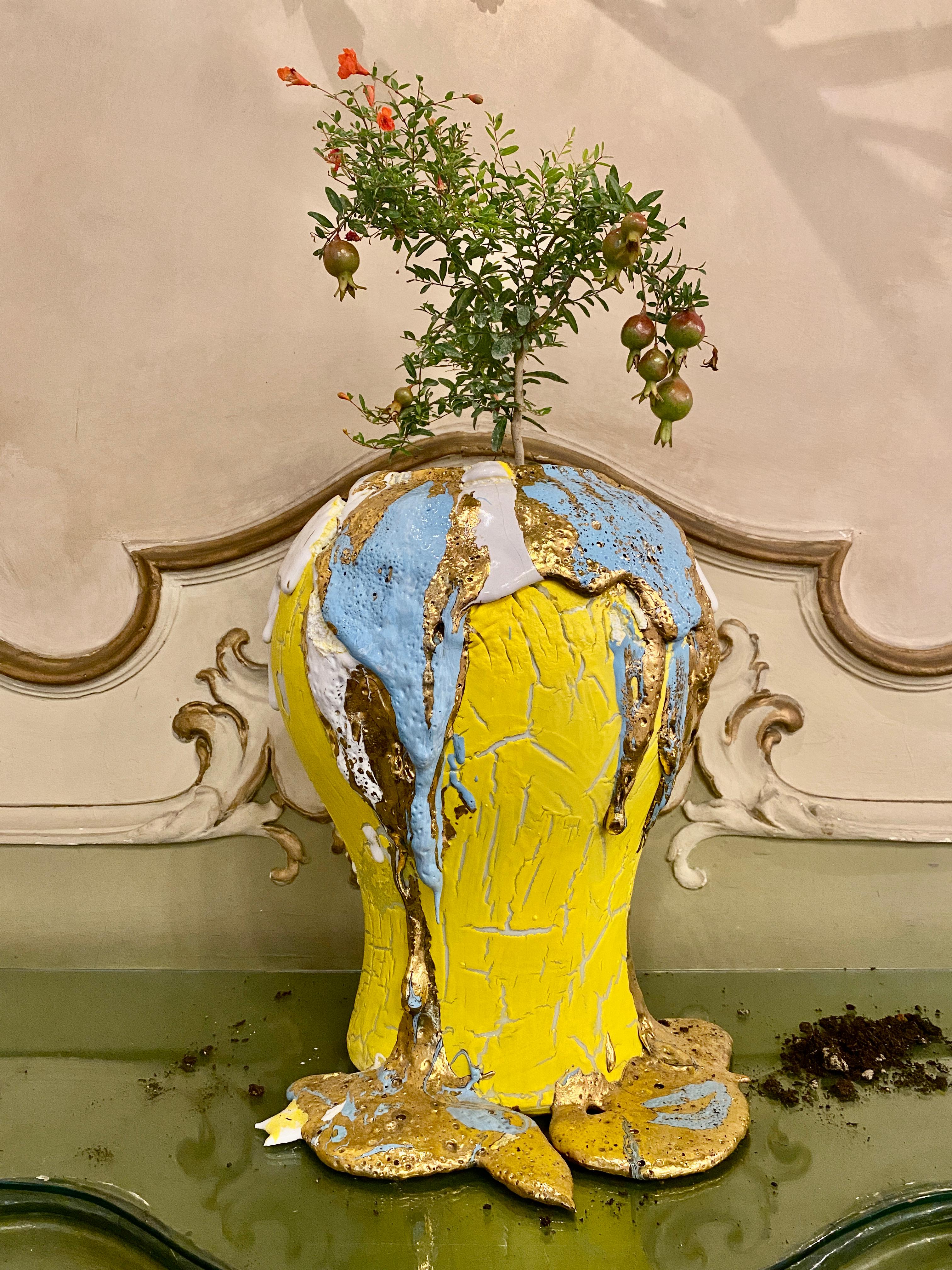 Bohemian Contemporary Yellow & Gold Porcelain Handmade Vase For Sale
