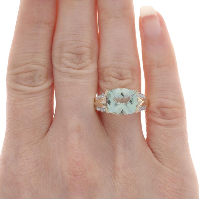 Cushion Cut Yellow Gold Prasiolite & Diamond Ring - 14k Rect. Cushion Checkerboard 4.31ctw For Sale