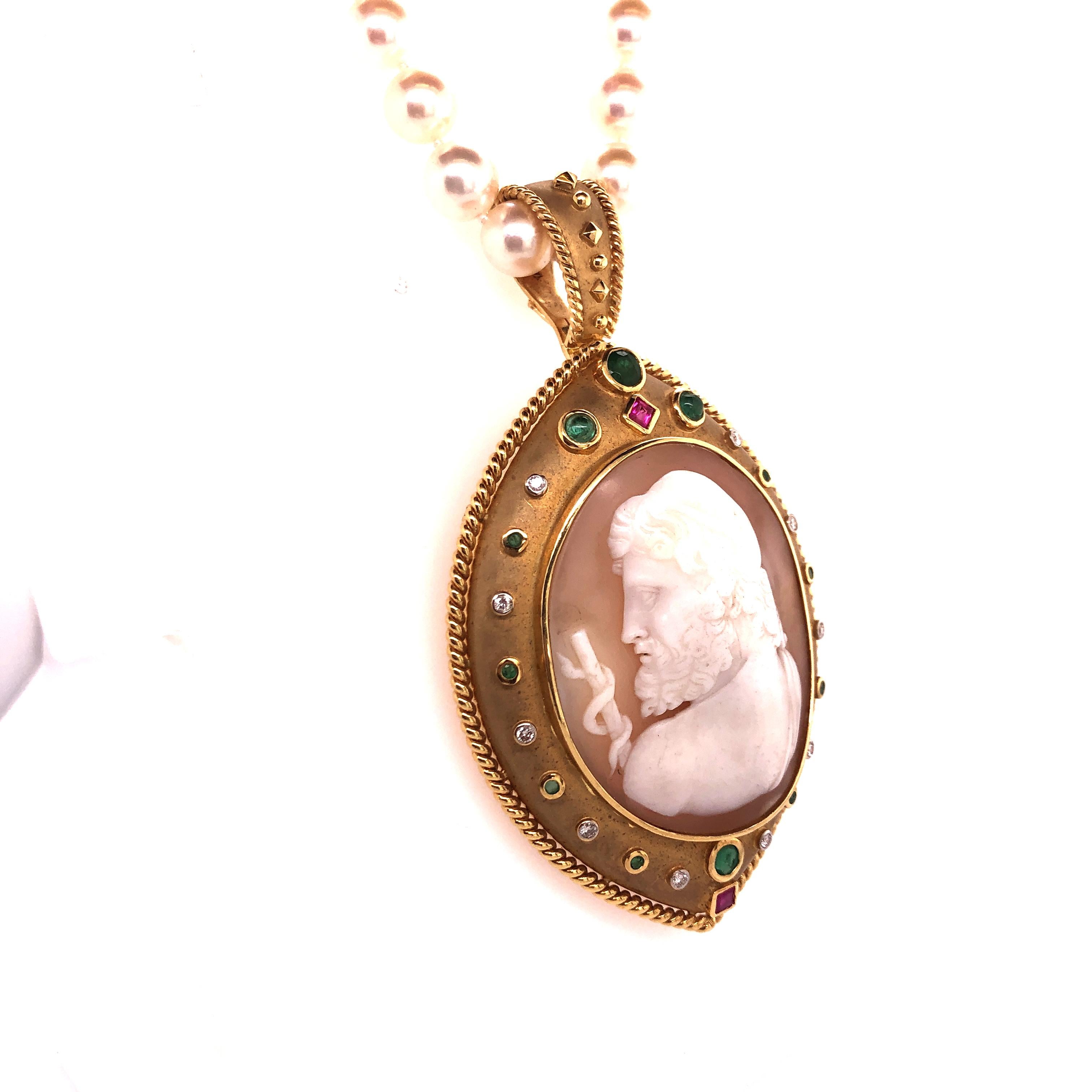 Victorian Yellow Gold Precious Stone Cameo Pendant on Pearl Necklace