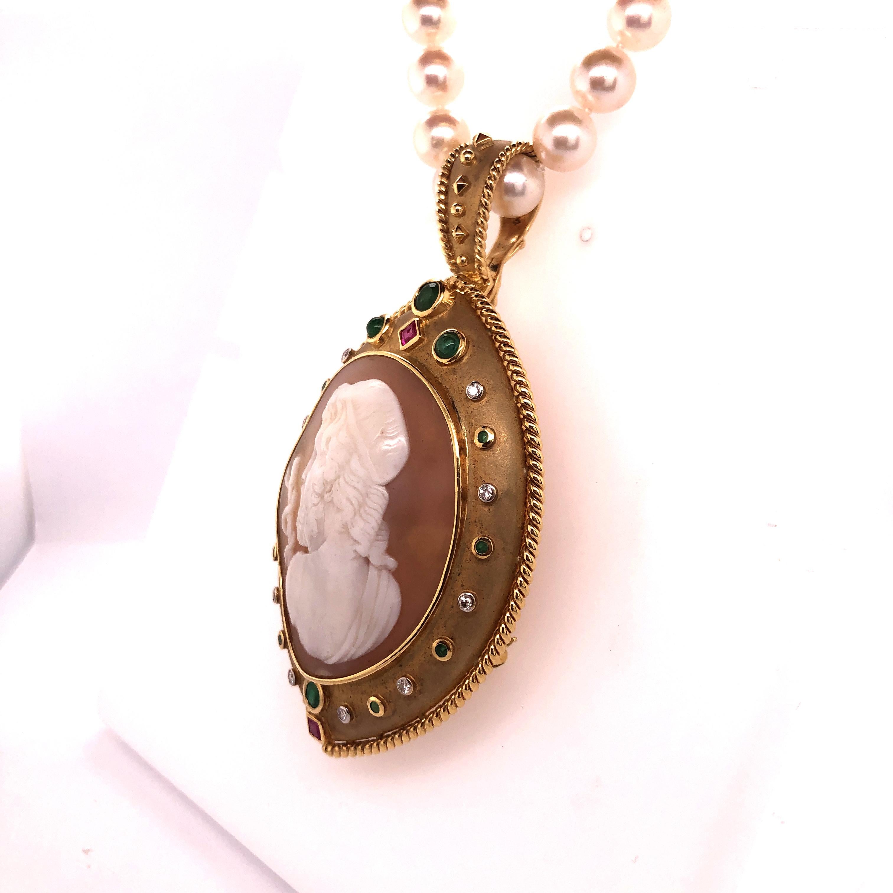 Round Cut Yellow Gold Precious Stone Cameo Pendant on Pearl Necklace