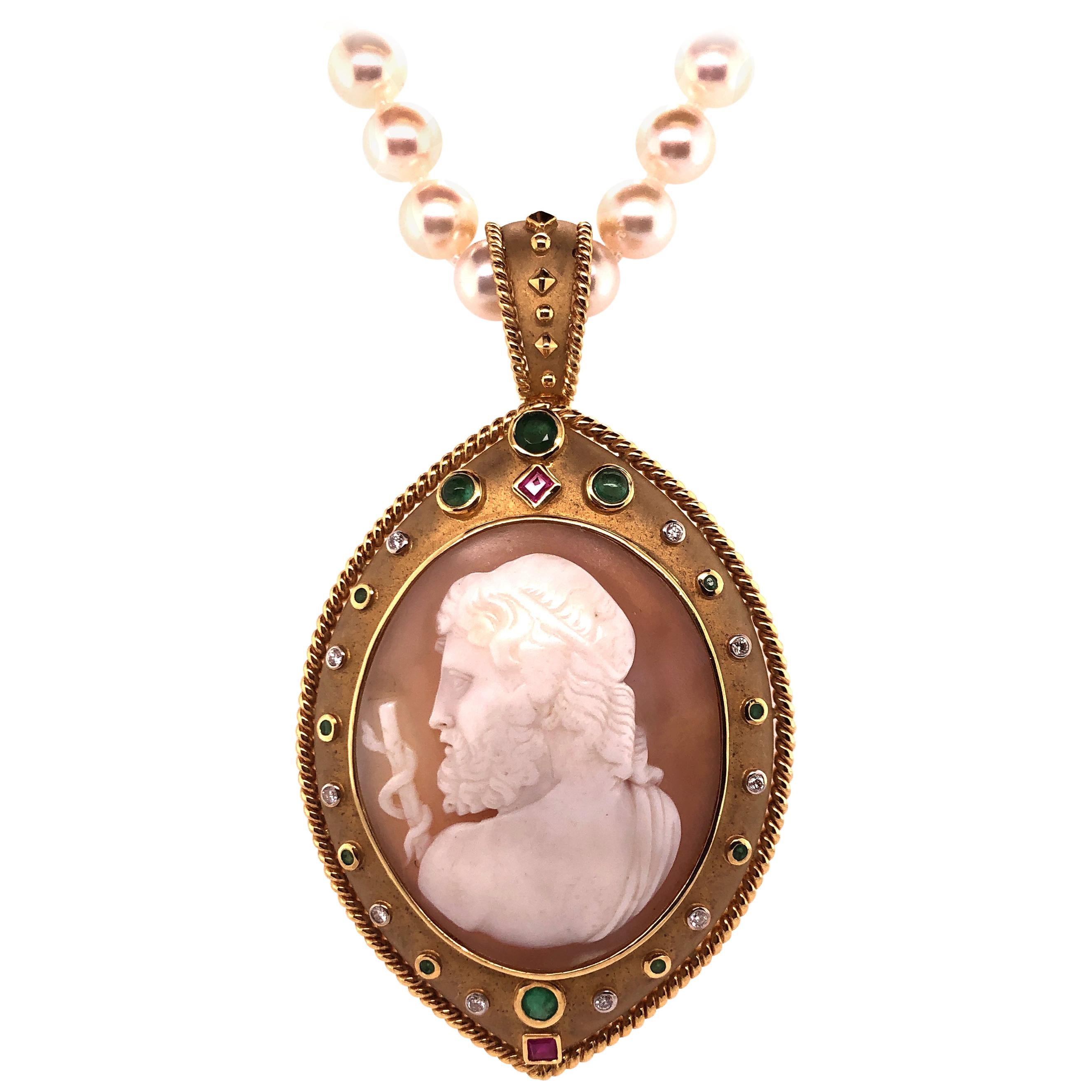 Yellow Gold Precious Stone Cameo Pendant on Pearl Necklace
