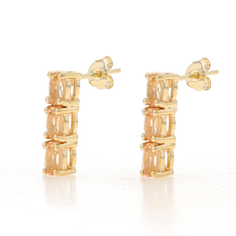 Oval Cut Yellow Gold Precious Topaz Three-Stone Drop Earrings - 10k Oval 1.68ctw Pierced For Sale