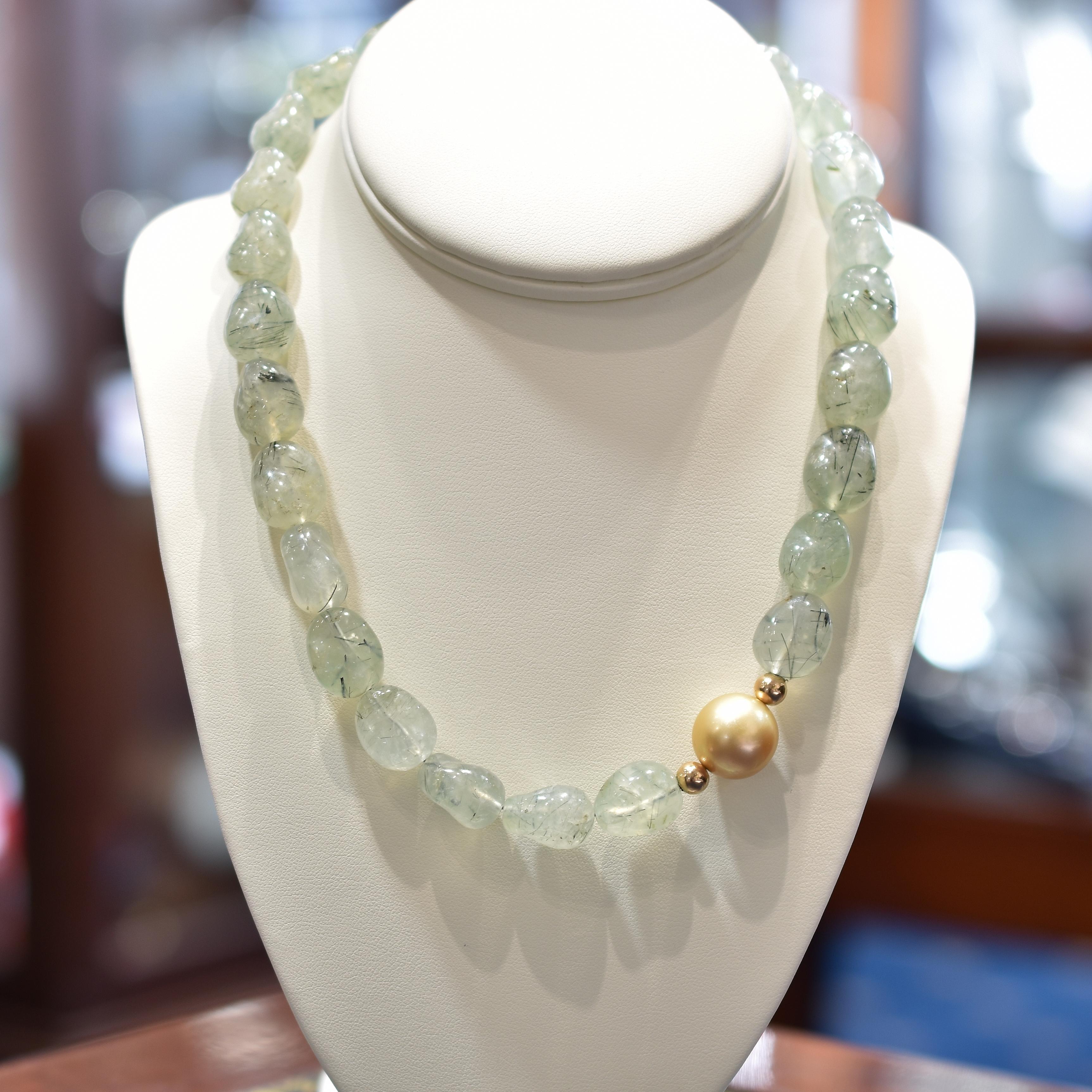 Prehnite and 15mm golden Australian South Sea pearl necklace with sterling silver yellow gold plated magnetic clasp. South Sea Pearl is cultured, golden colour and of a fine lustre