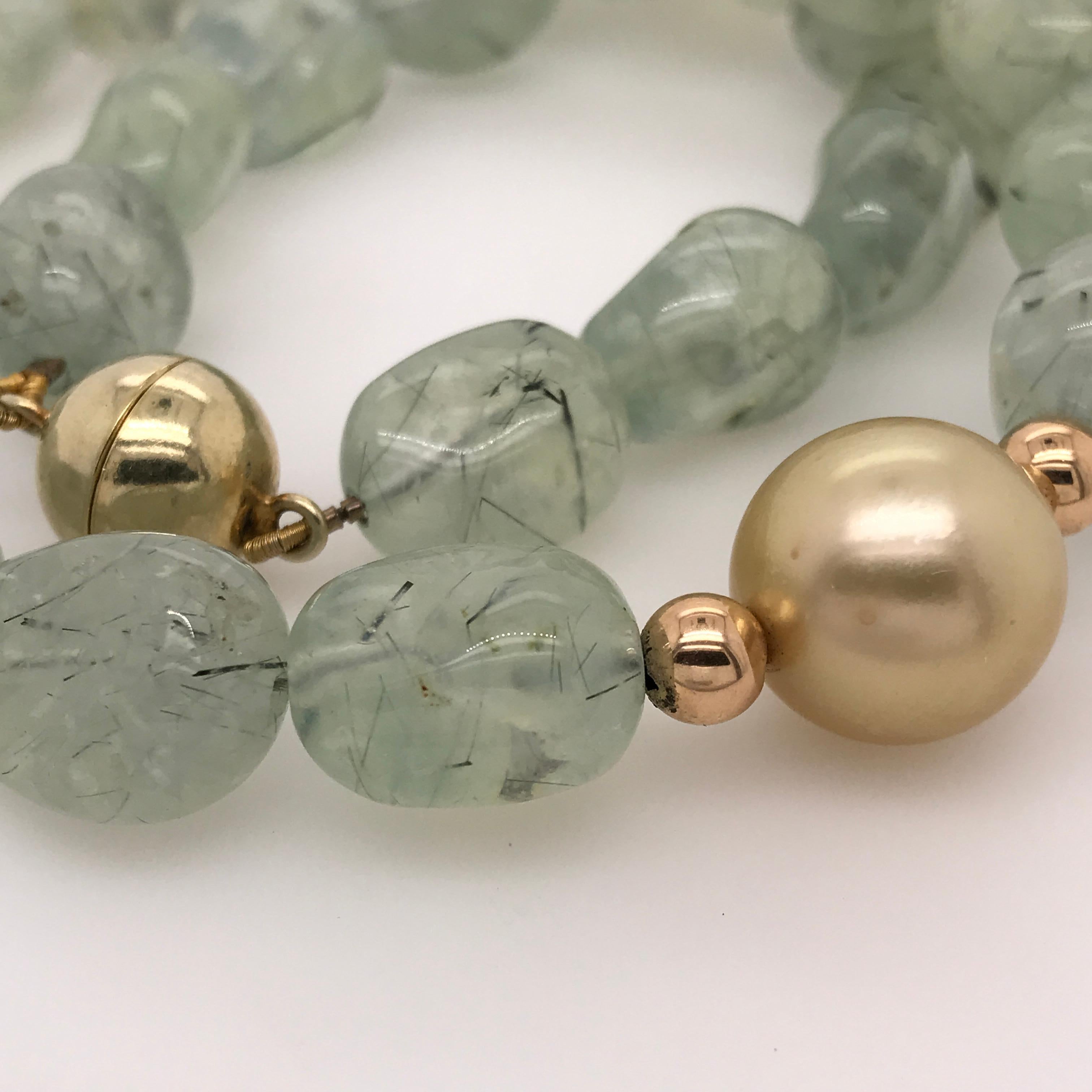 Contemporary Yellow Gold, Prehnite and Golden South Sea Pearl Necklace with Magnetic Clasp