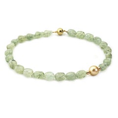 Yellow Gold, Prehnite and Golden South Sea Pearl Necklace with Magnetic Clasp