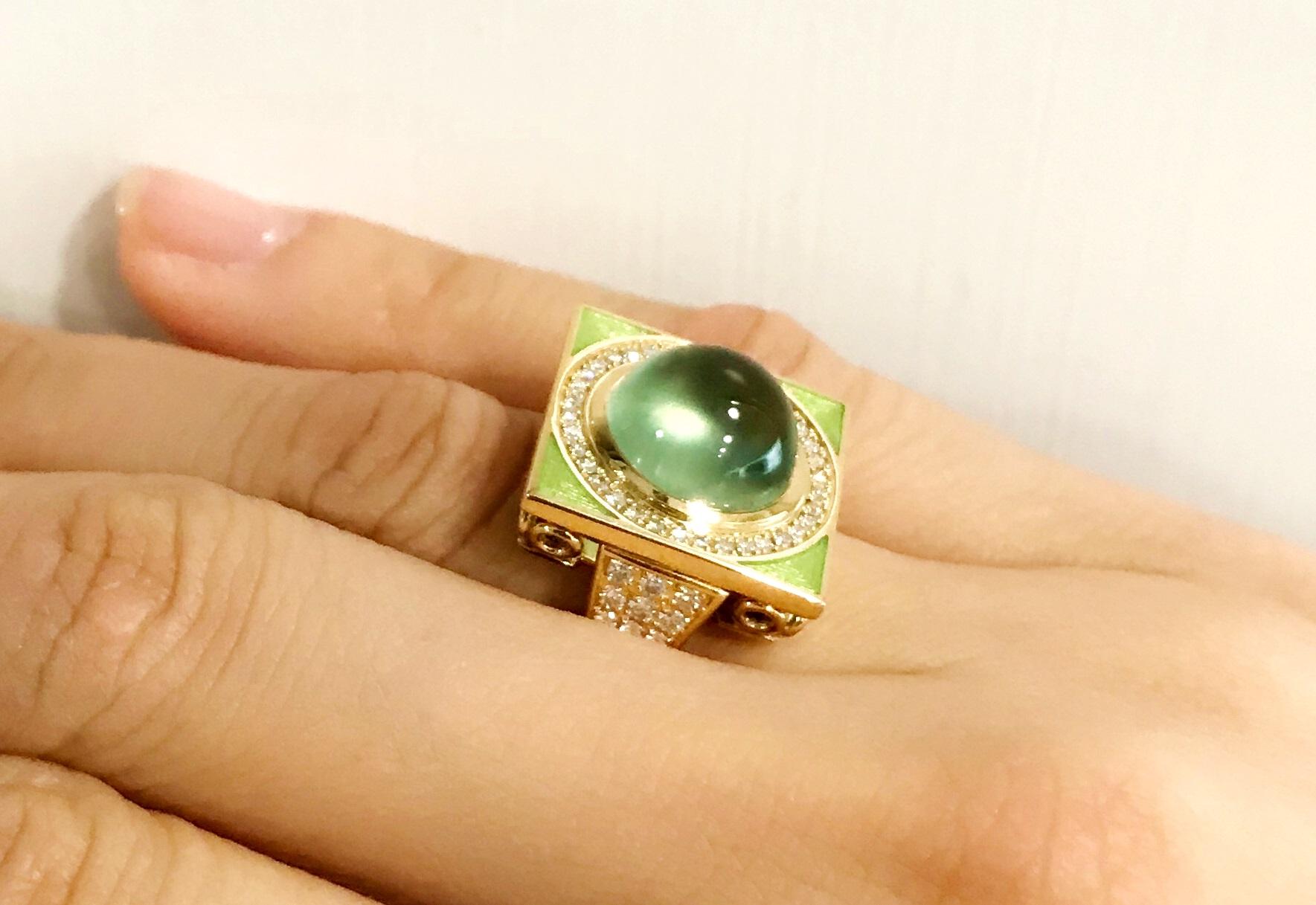 Yellow Gold Prehnite Green Enamel Diamond Ring For Sale 8