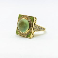 Yellow Gold Prehnite Green Enamel Diamond Ring