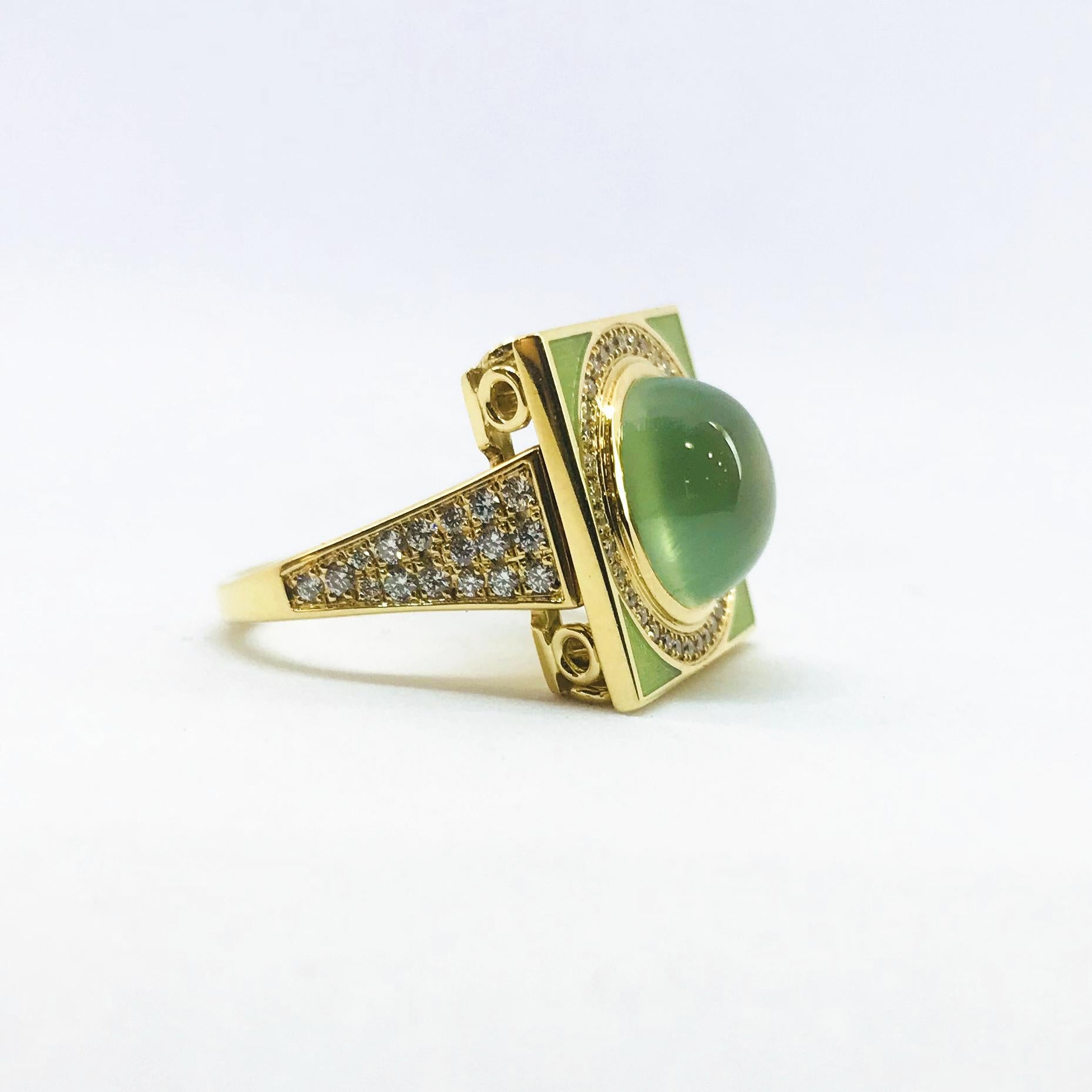 Contemporary Yellow Gold Prehnite Green Enamel Diamond Ring For Sale