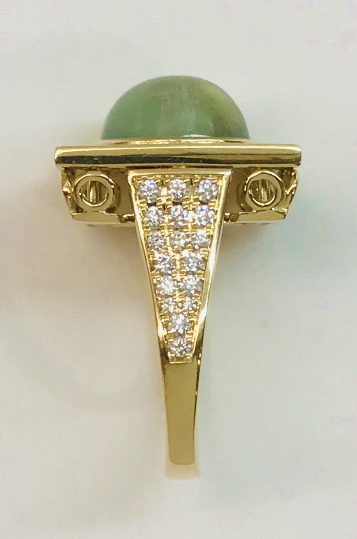 Women's Yellow Gold Prehnite Green Enamel Diamond Ring For Sale