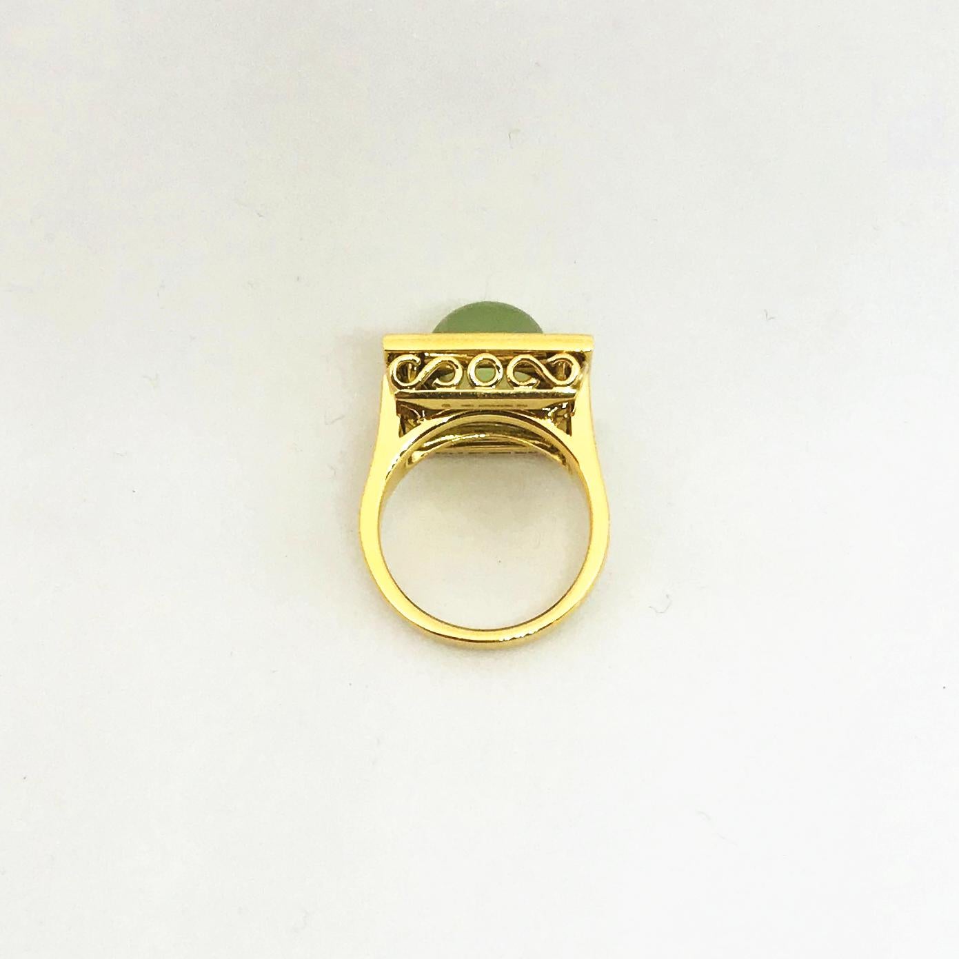 Yellow Gold Prehnite Green Enamel Diamond Ring For Sale 2