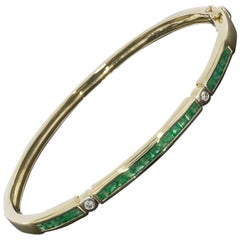 Yellow Gold Princess Cut Emerald and Round Diamond Stackable Bangle Bracelet