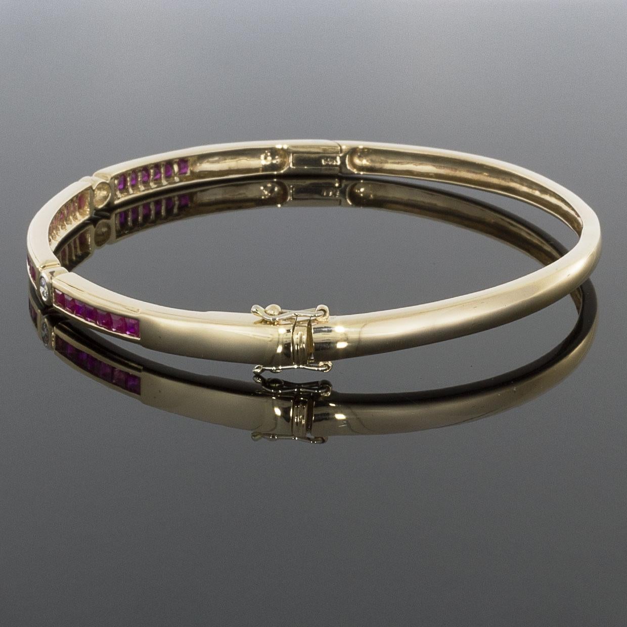 Women's Yellow Gold Princess Cut Ruby and Round Diamond Stackable Bangle Bracelet