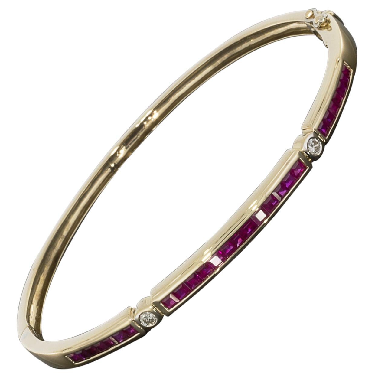 Yellow Gold Princess Cut Ruby and Round Diamond Stackable Bangle Bracelet