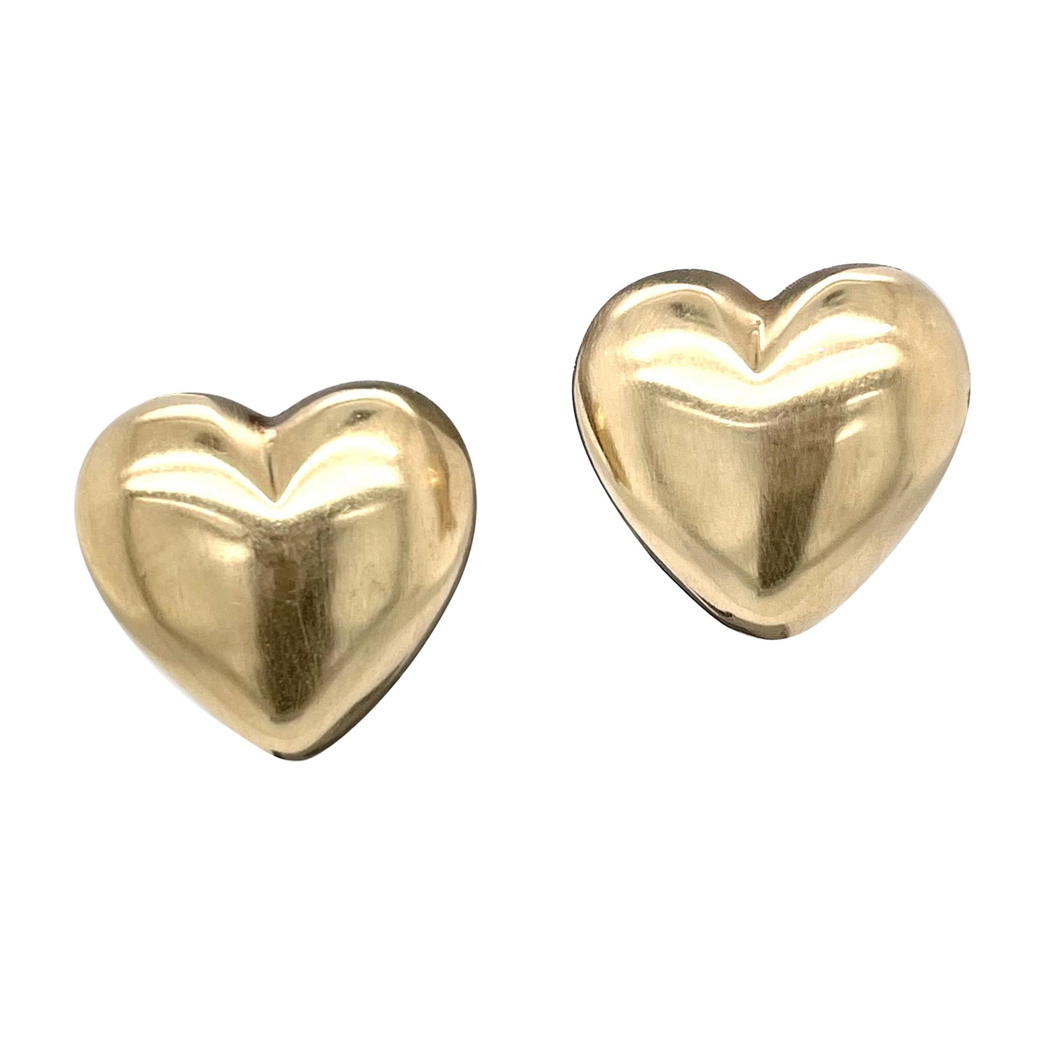Yellow Gold Puffed Heart Earrings For Sale
