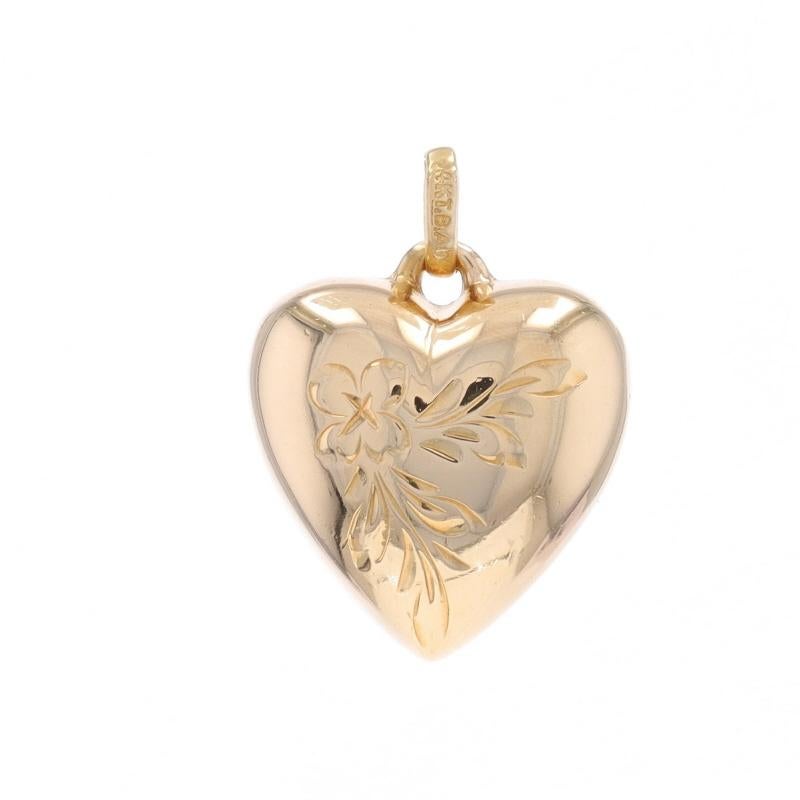 Metal Content: 14k Yellow Gold

Theme: Puffy Floral Heart, Love
Features: Hollow Construction with Etched Detailing

Measurements

Tall (from stationary bail): 21/32