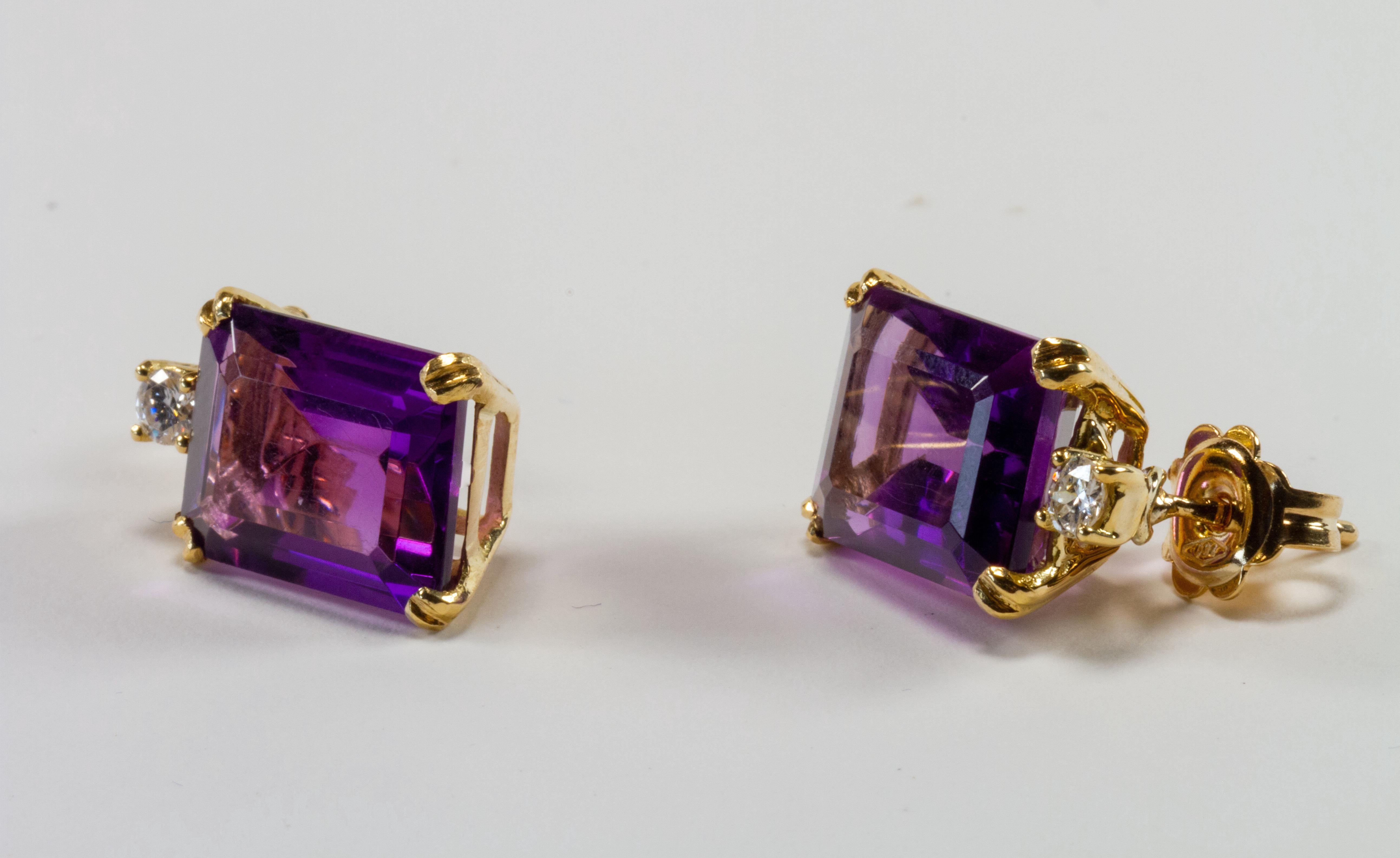 Women's Yellow Gold 18k Purple Amethyst and Diamond Earrings For Sale