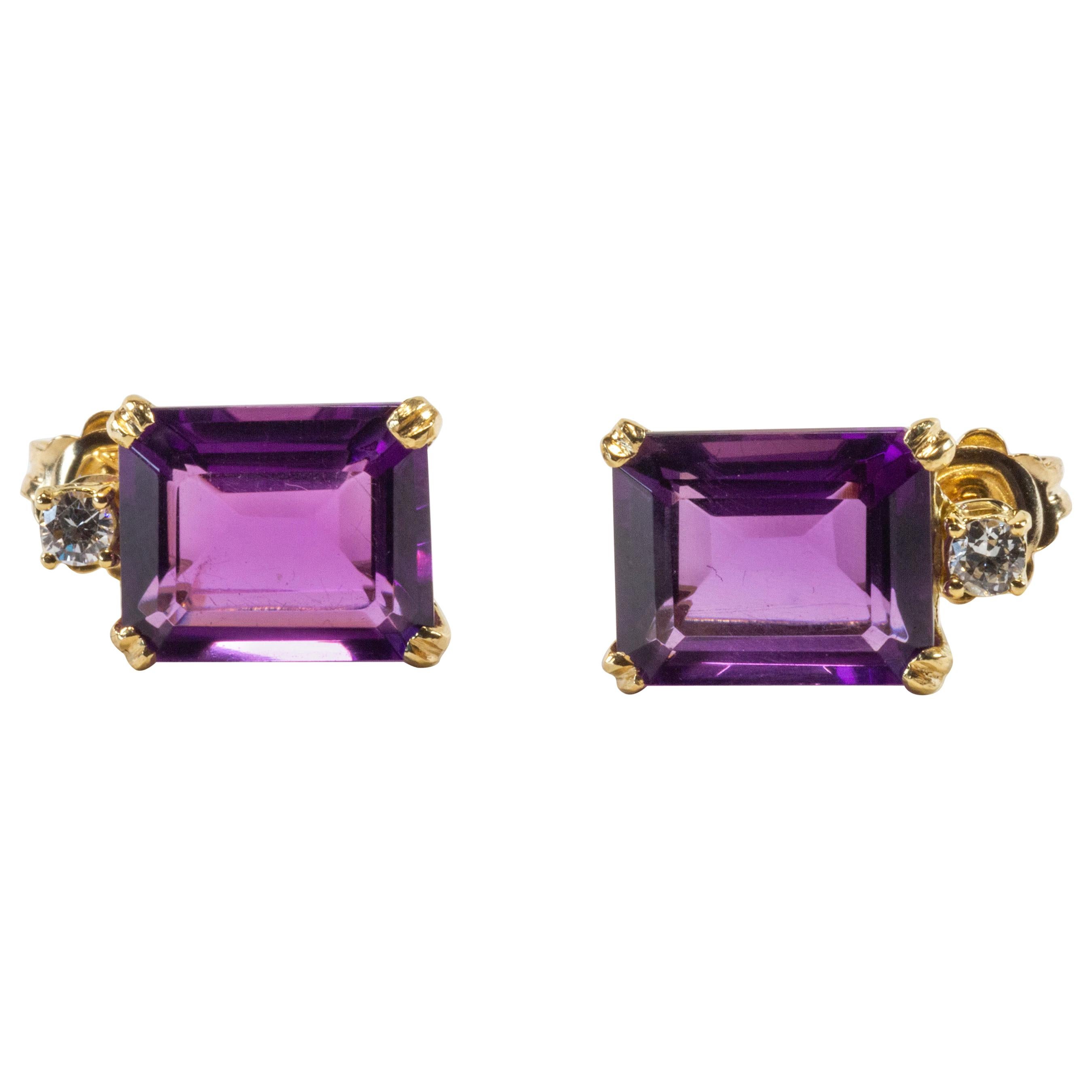 Yellow Gold 18k Purple Amethyst and Diamond Earrings For Sale