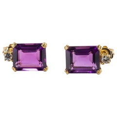 Yellow Gold 18k Purple Amethyst and Diamond Earrings
