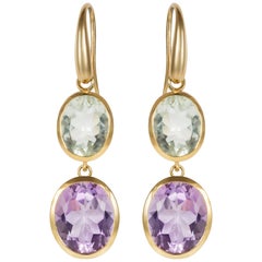 Yellow Gold Purple and Green Amethyst Double Drop Earrings