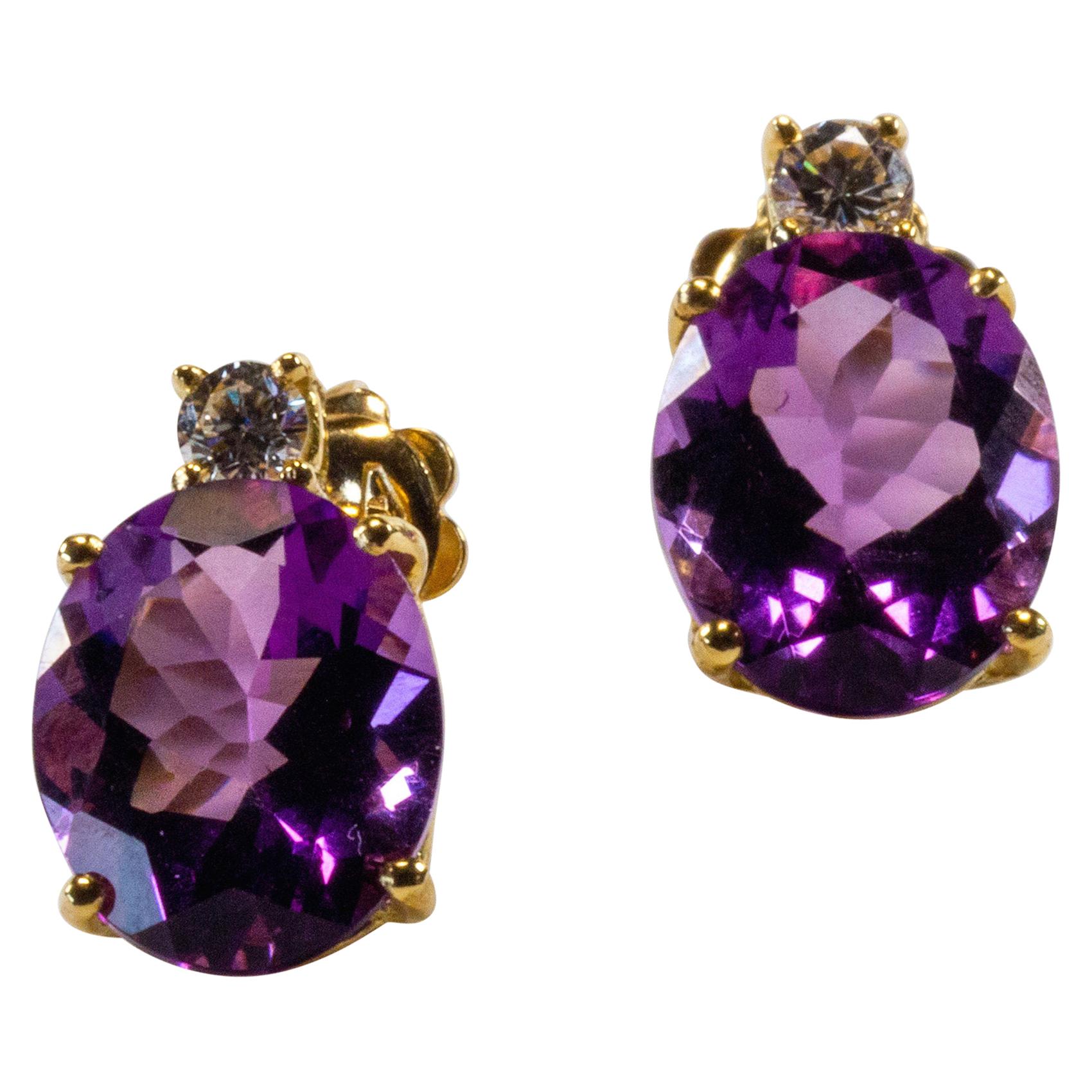 Yellow Gold 18k Purple Oval Amethyst and Diamond Earrings For Sale