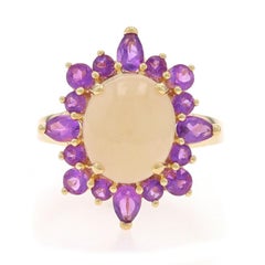 Anello aureola in quarzo e ametista in oro giallo 14k con cabochon ovale 5,16ctw Fiore