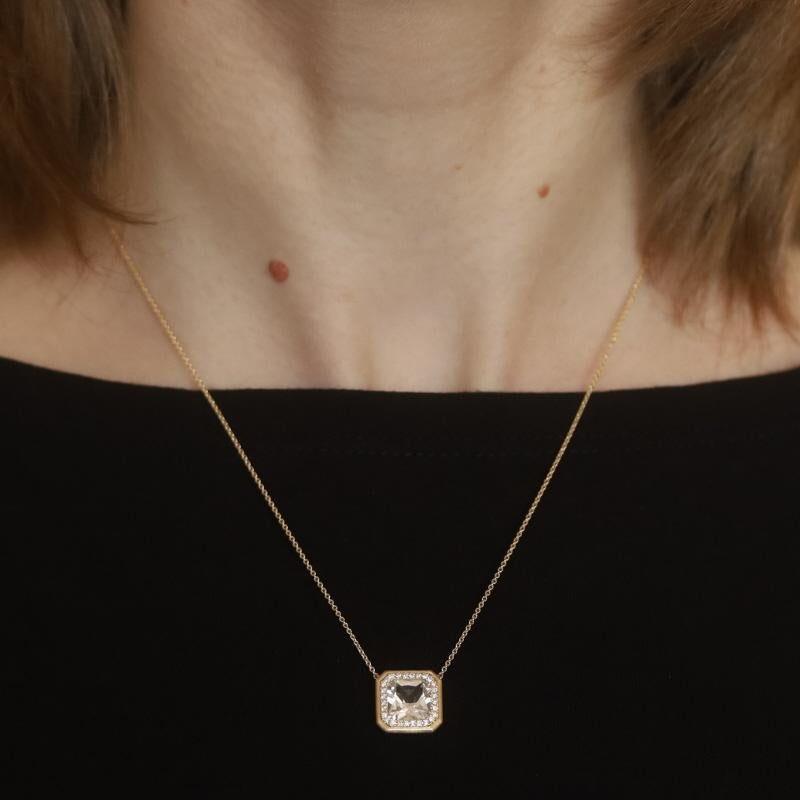 Square Cut Yellow Gold Quartz & Diamond Halo Necklace -14k Square .14ctw Brushed Adjustable For Sale