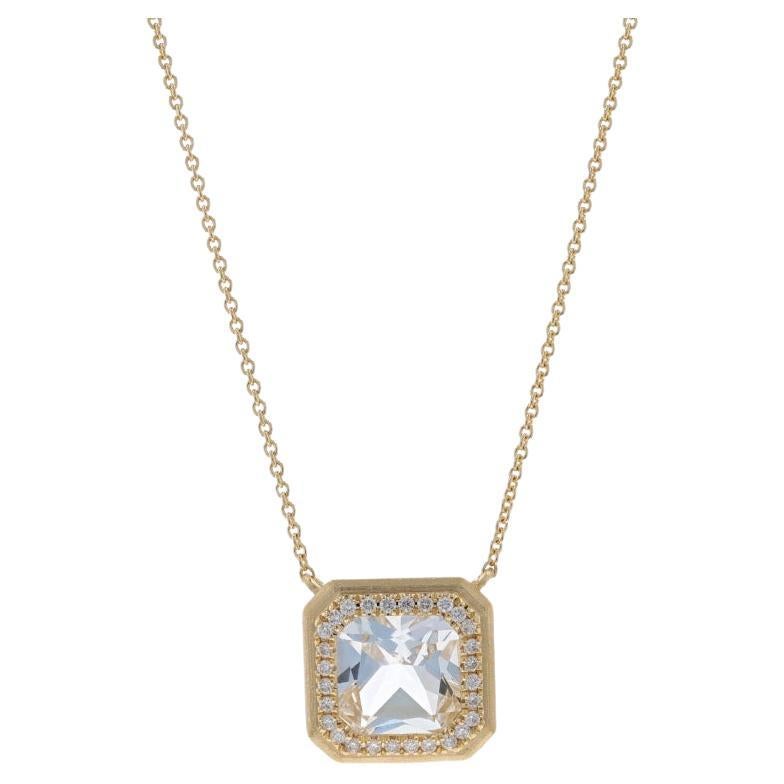 Yellow Gold Quartz & Diamond Halo Necklace -14k Square .14ctw Brushed Adjustable For Sale
